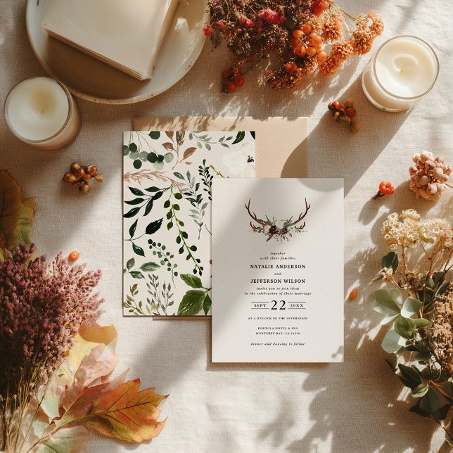 Convite Casamento Floral de Chifre Rústico Boho Floresta C (Criador carregado)