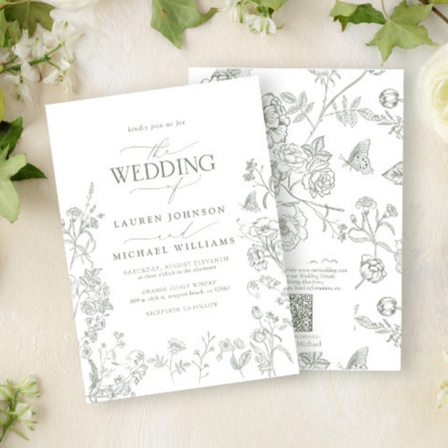 Convite Casamento Floral de Chinoiserie Verde Elegante (Criador carregado)