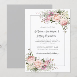 Convite Casamento Floral de Cinza Verde Cor-de-Água Cor R