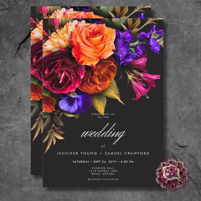 Convite Casamento Floral de Colheita de Vibrantes Elegante (Elegant Moody Vibrant Harvest Floral Wedding Invitation)