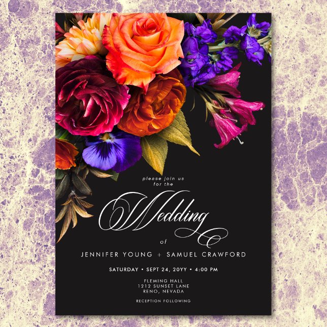 Convite Casamento Floral de Colheita de Vibrantes Elegante (Elegant Moody Vibrant Harvest Floral Wedding Invitation)