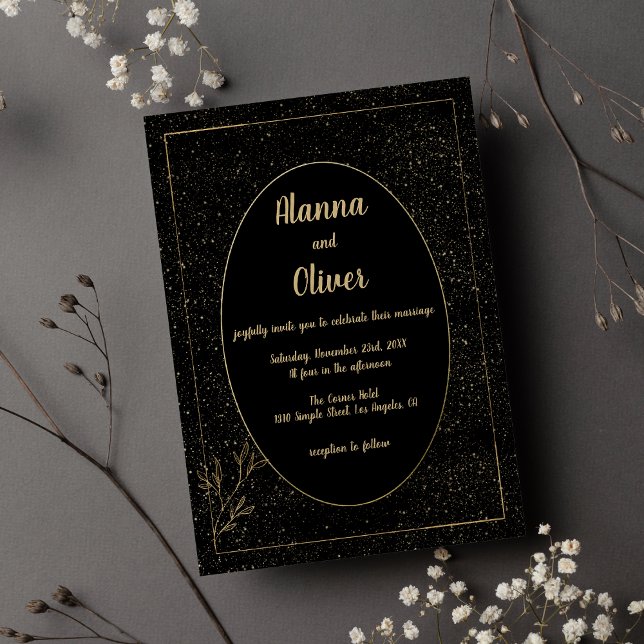 Convite Casamento floral de confete dourado preto clássico (Classic black gold confetti floral Wedding )