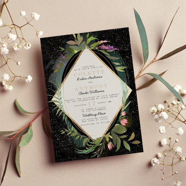 Convite Casamento floral de confete verde-rosa-preto (Black pink green faux gold confetti floral Wedding )