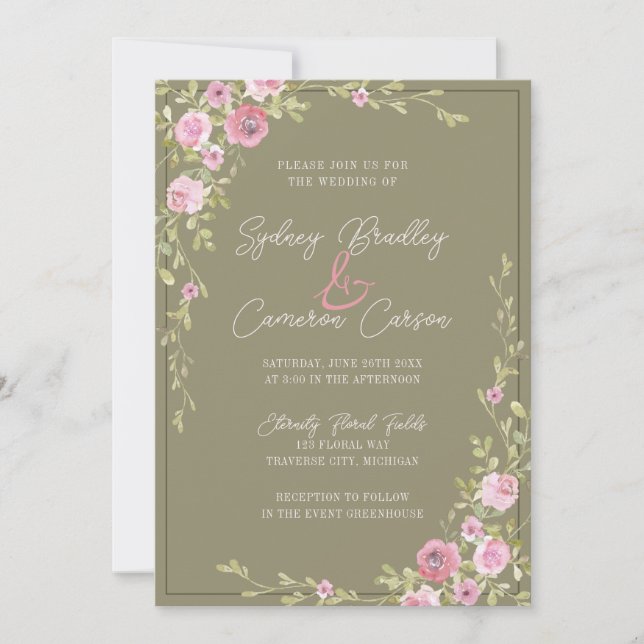 Convite Casamento Floral de Conto de Fadas Rosa e Verde co (Frente)