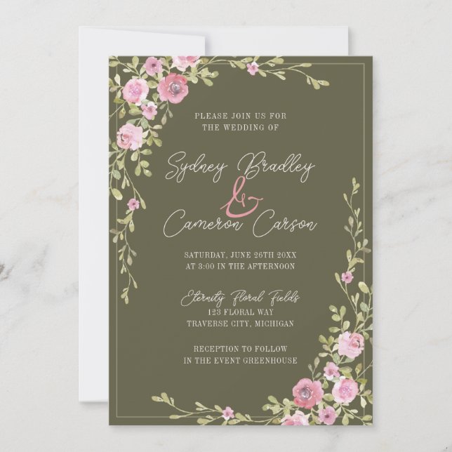 Convite Casamento Floral de Conto de Fadas Rosa e Verde co (Frente)