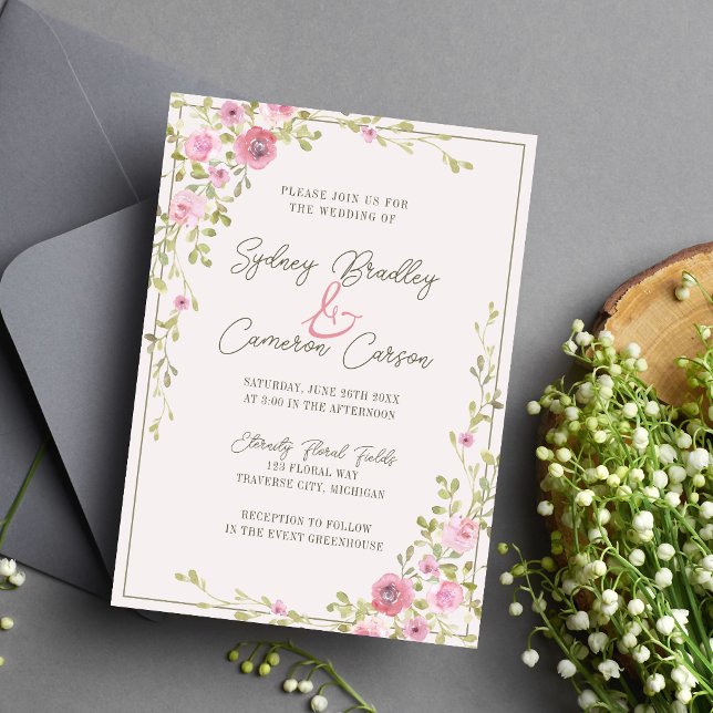 Convite Casamento Floral de Conto de Fadas Rosa e Verde da (Criador carregado)