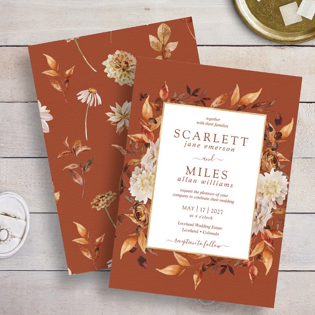 Convite Casamento Floral de Copper Fall Terracotta Waterco (Copper Fall Terracotta Watercolor Floral Wedding Invitation by Painted Paperie
)