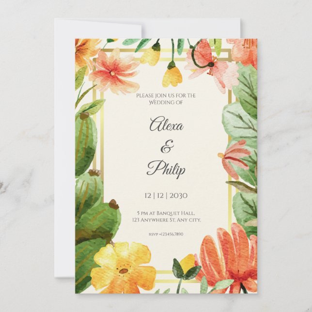 Convite Casamento Floral de Cor Amarela Verde Laranja (Frente)
