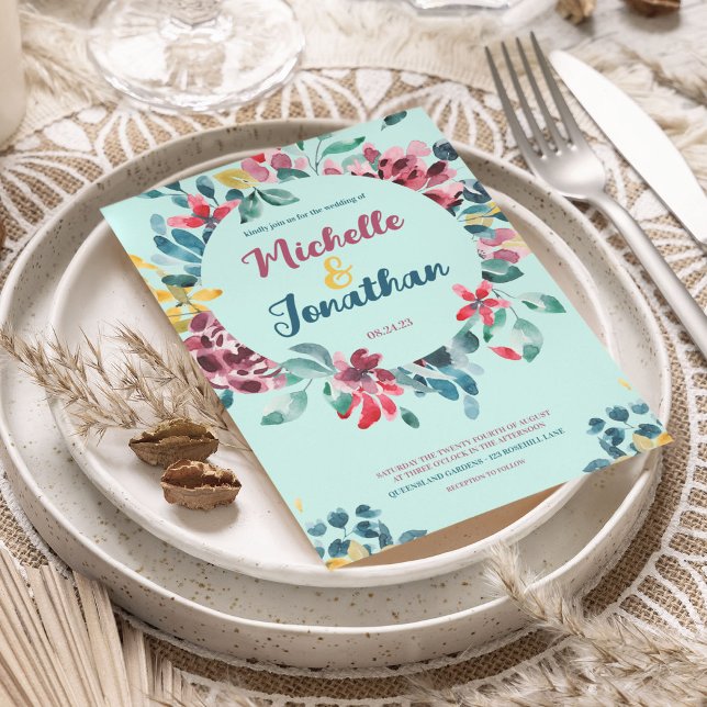 Convite Casamento floral de cor aquosa verde elegante (Criador carregado)