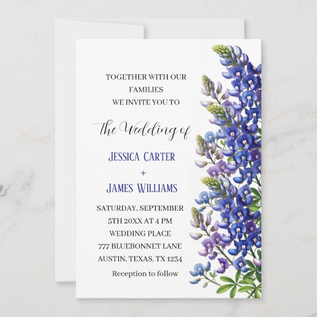 Convite Casamento Floral de Cor Azul-Azul do Texas (Frente)
