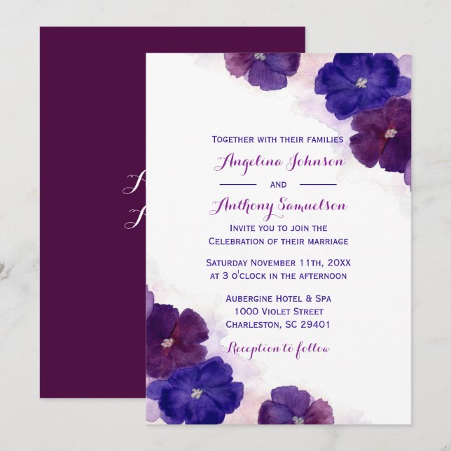 Convite Casamento Floral de Cor Azul-Azul Roxo (Frente/Verso)