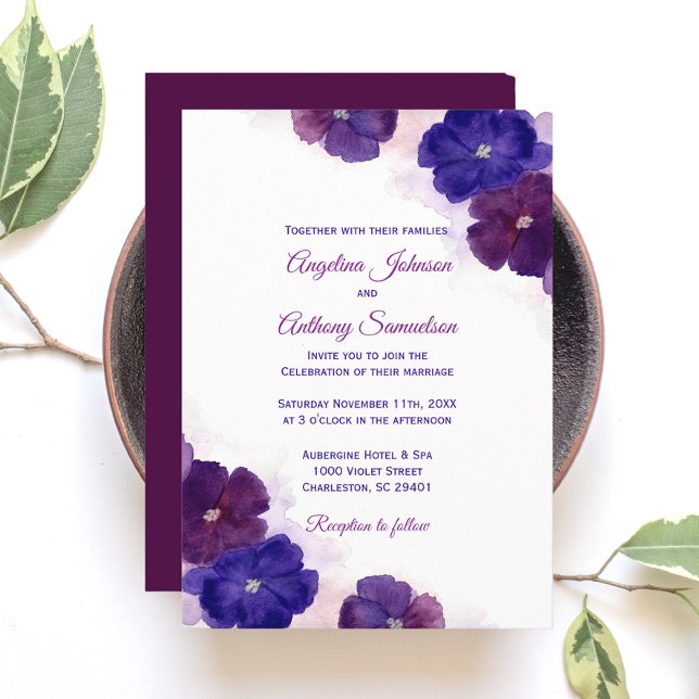 Convite Casamento Floral de Cor Azul-Azul Roxo (Purple Plum Royal Blue Watercolor Floral Wedding Invitation)