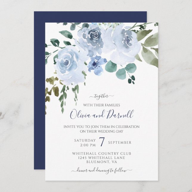 Convite Casamento Floral de Cor Azul-Claro | MARINHO (Frente/Verso)