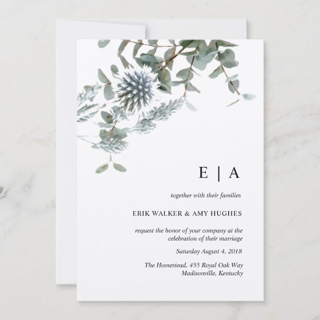 Convite Casamento floral de cor azul-doce (Frente)