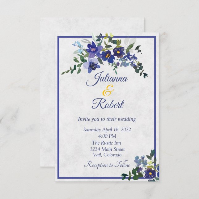 Convite Casamento floral de cor azul e amarela (Frente/Verso)