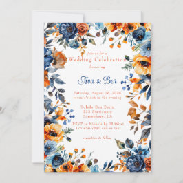 Convite Casamento Floral de Cor Azul e Laranja