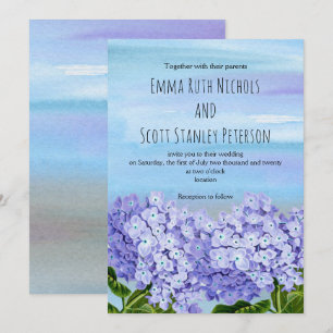 Convite Casamento floral de cor azul e roxo