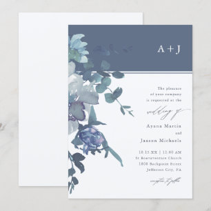 Convite Casamento Floral de Cor Azul Elegante