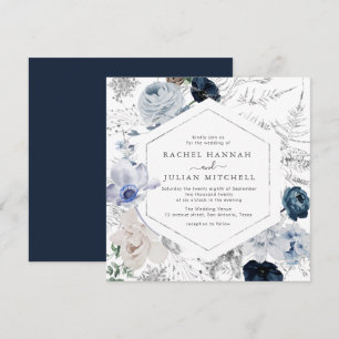 Convite Casamento floral de cor azul empoeirado Elegante