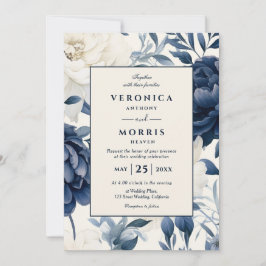Convite Casamento floral de cor azul-marinho Dusty e branc