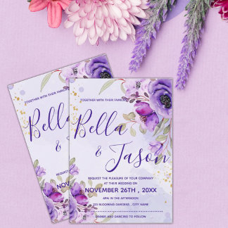 Convite Casamento Floral de Cor Azul Púrpura Elegante