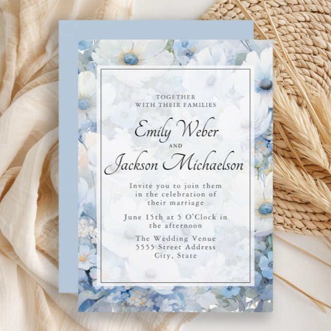 Convite Casamento Floral de Cor Branca Dusty (Elegant dusty blue and white watercolor floral wedding invitation)