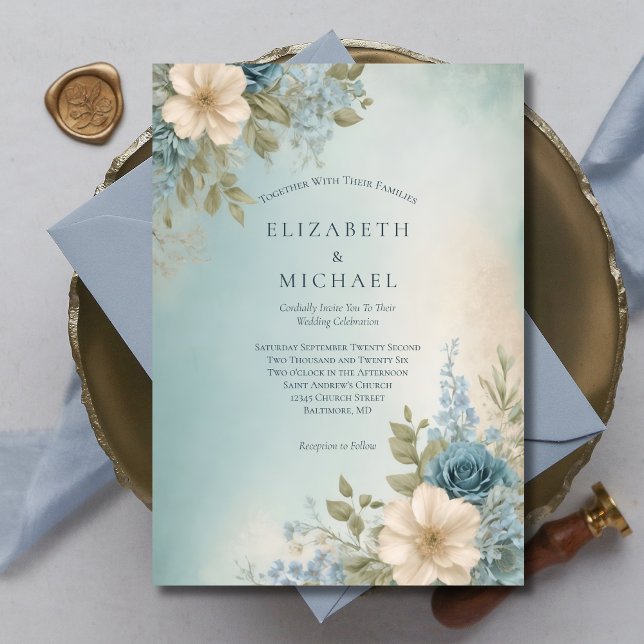 Convite Casamento Floral de Cor Branca Dusty (Dusty Blue White Floral Watercolor Elegant Formal Wedding Invitation Printed or Instant Download)