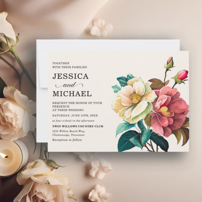Convite Casamento Floral de Cor Branca Vermelha (Red and white watercolor floral wedding invitation)