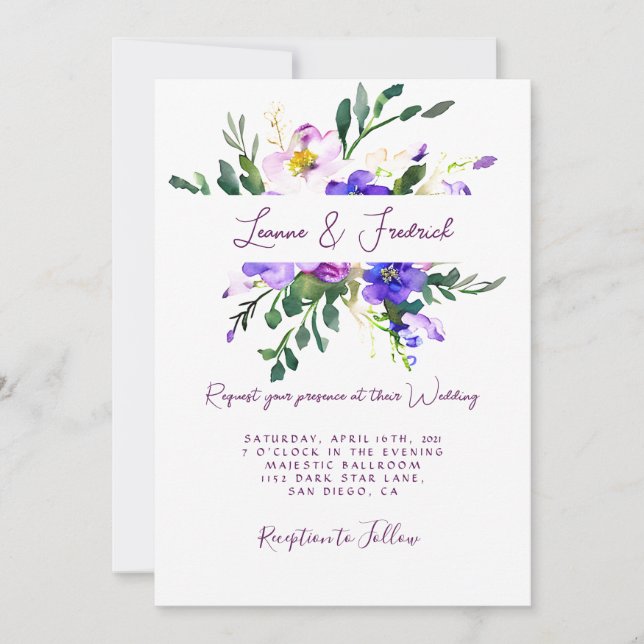Convite Casamento floral de cor-de-água rosa e roxa (Frente)