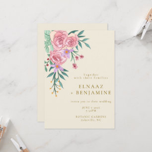 Convite Casamento Floral de Cor de Água Rosa-Rosa Elegante