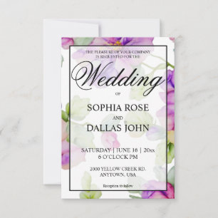 Convite Casamento floral de cor-de-água roxa-rosa-Elegante