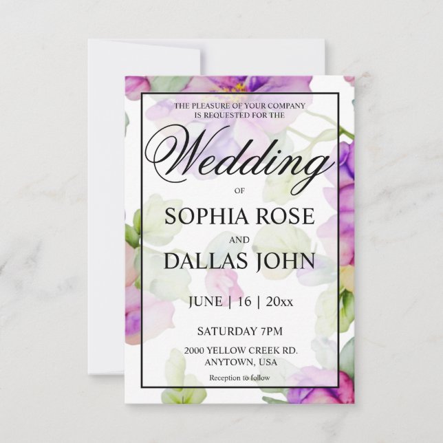 Convite Casamento floral de cor-de-água roxa-rosa-Elegante (Frente)