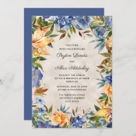 Convite Casamento Floral de Cor Laranja Azul Elegante