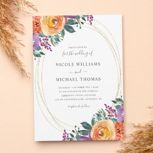 Convite Casamento Floral de Cor Laranja Roxo