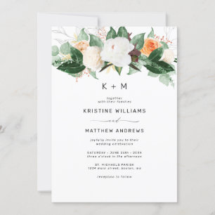 Convite Casamento Floral de Cor Marinha de Pêssego Branco