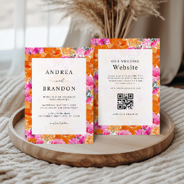 Convite Casamento Floral de Cor Rosa Vibrante e Laranja-Co