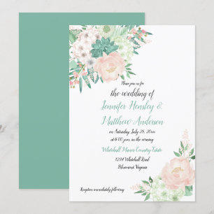 Convite Casamento Floral de Cor Verde e Água Blush