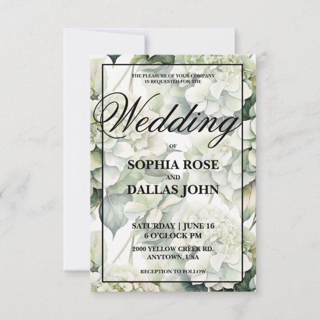 Convite Casamento floral de cor verde-esbranquiçada elegan (Frente)