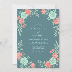 Convite Casamento Floral de Coral Azul Ardósia