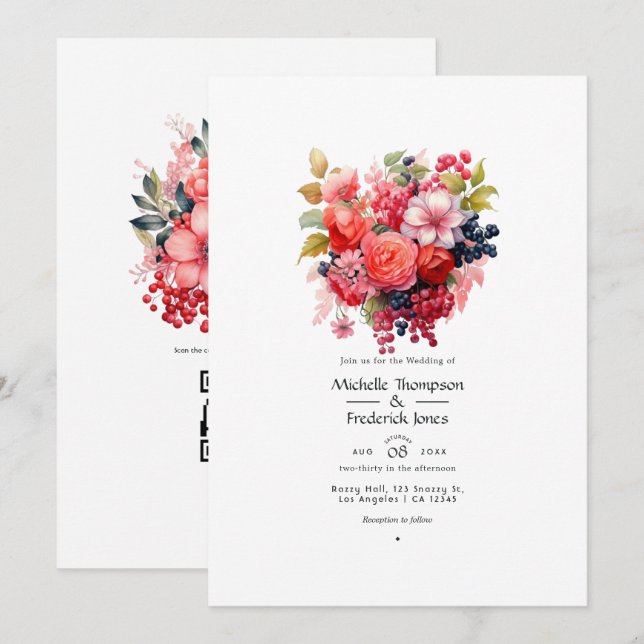 Convite Casamento Floral de Coral e Berry na Primavera (Frente/Verso)