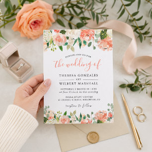 Convite Casamento Floral de Coral e Peach Watercolor