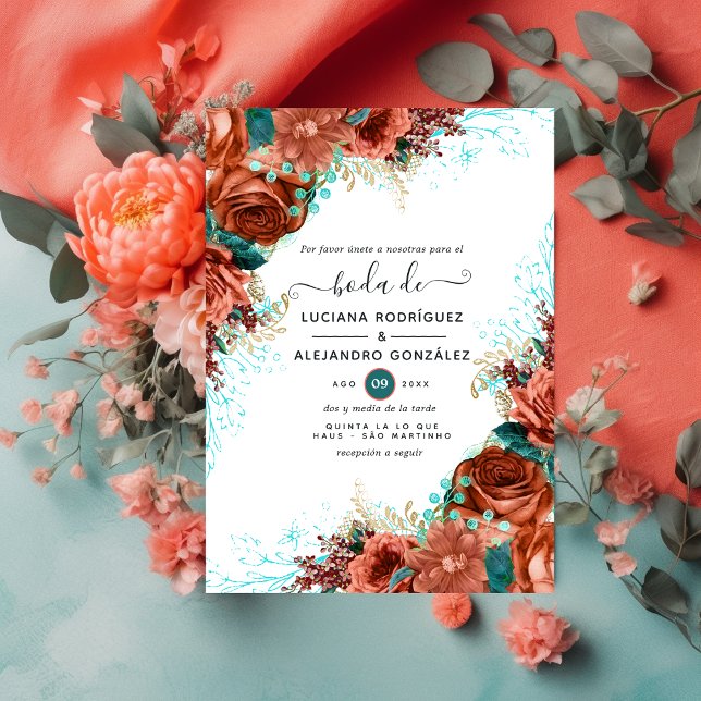 Convite Casamento Floral de Coral e Teal (Criador carregado)