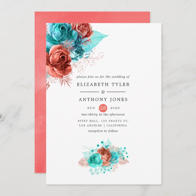 Convite Casamento Floral de Coral e Turquesa (Frente/Verso)