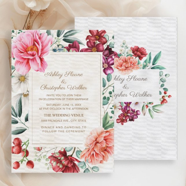 Convite Casamento Floral de Coral Rosa-Rosa-Rosa Elegante (Elegant pink, burgundy, and coral watercolor floral wedding invitation)