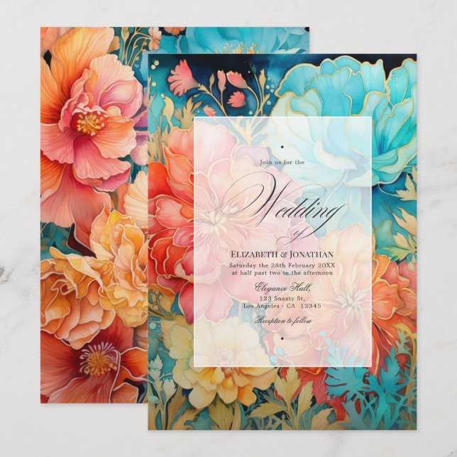 Convite Casamento Floral de Coral, Turquesa e Dourado (Frente/Verso)