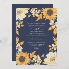 Convite Casamento Floral de Creme Amarelo Azul de Girassol