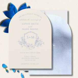 Convite Casamento Floral de Crest Inicial, Monograma Azul 