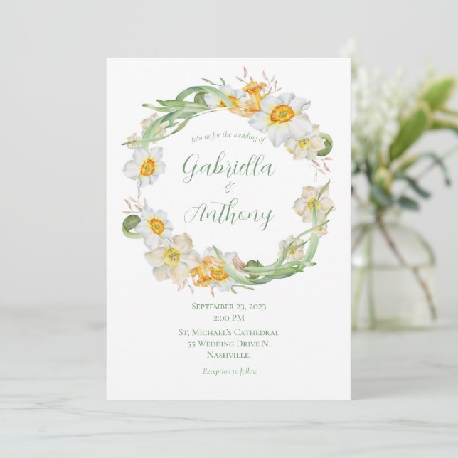 Convite Casamento Floral de Daffodil Branco e Amarelo (Em pé/Frente)