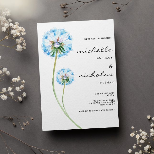 Convite Casamento floral de dandelion verde-lilás azul sim (Simple blue lilac green dandelion floral wedding)