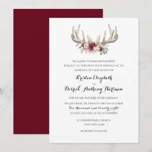 Convite Casamento Floral de Deer Antlers Burgundy